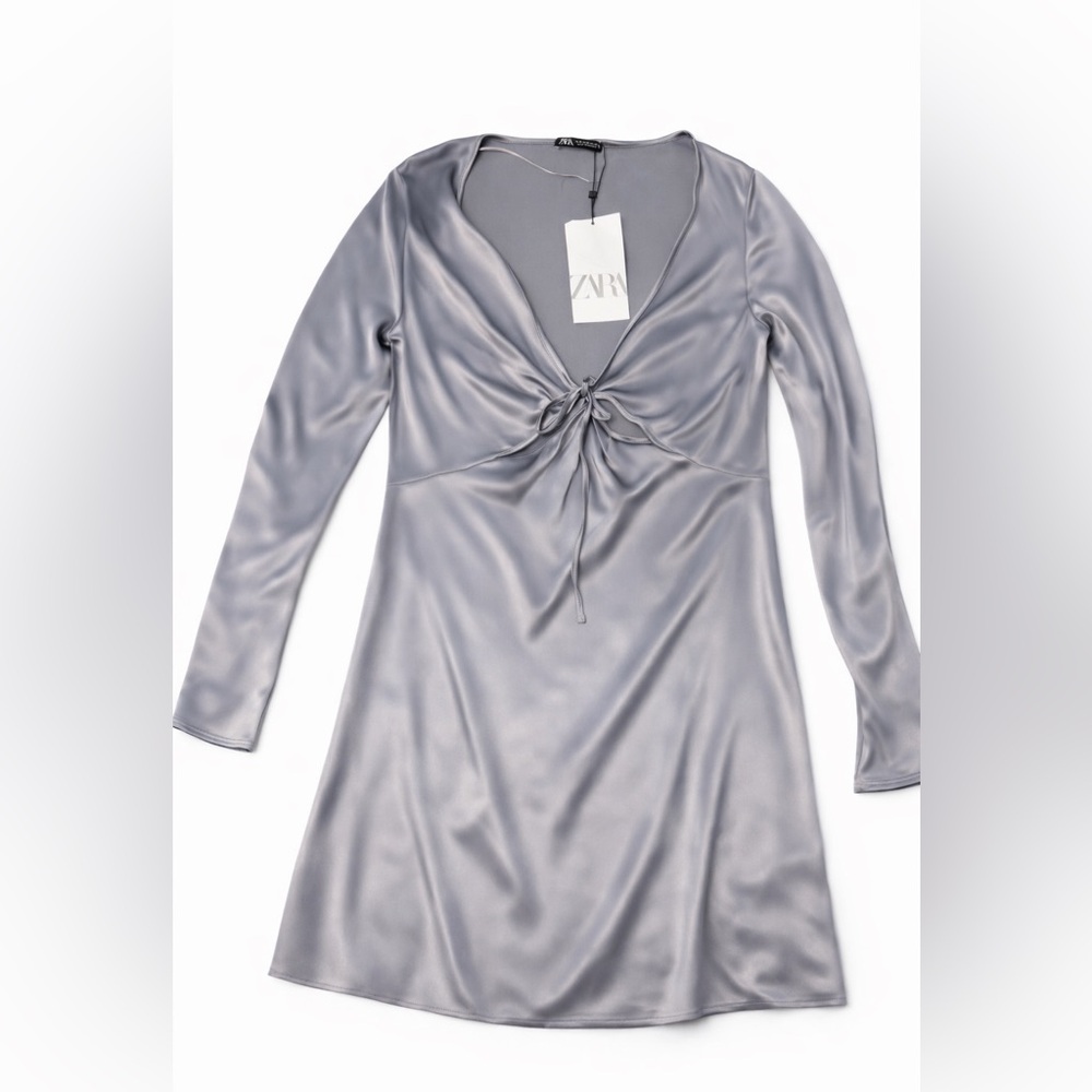 Zara Silver Satin Tie Front Mini Dress Long Sleeve Size M Night Out Chic